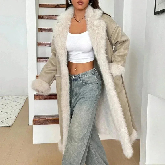 Beige Casual Women's Fuzzy Patchwork Long Sleeve Front Tie Pocket Jacket - Picture 2 of 7